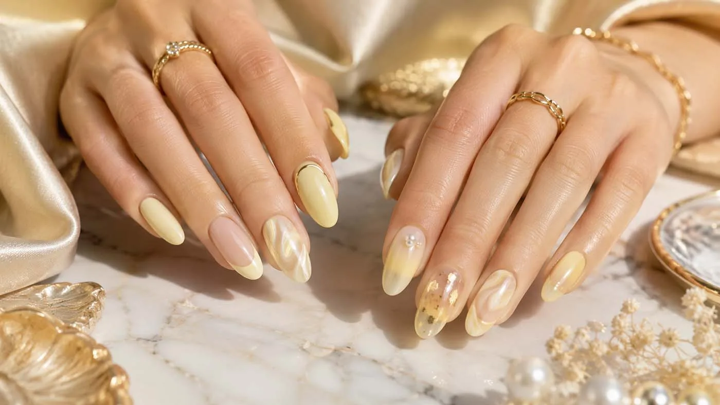 Luxury featured image showing 14 soft yellow butter nails for chic minimalists with creamy pastel yellow nail designs, glossy finishes, chrome accents, pearl details, and elegant almond-shaped manicures.