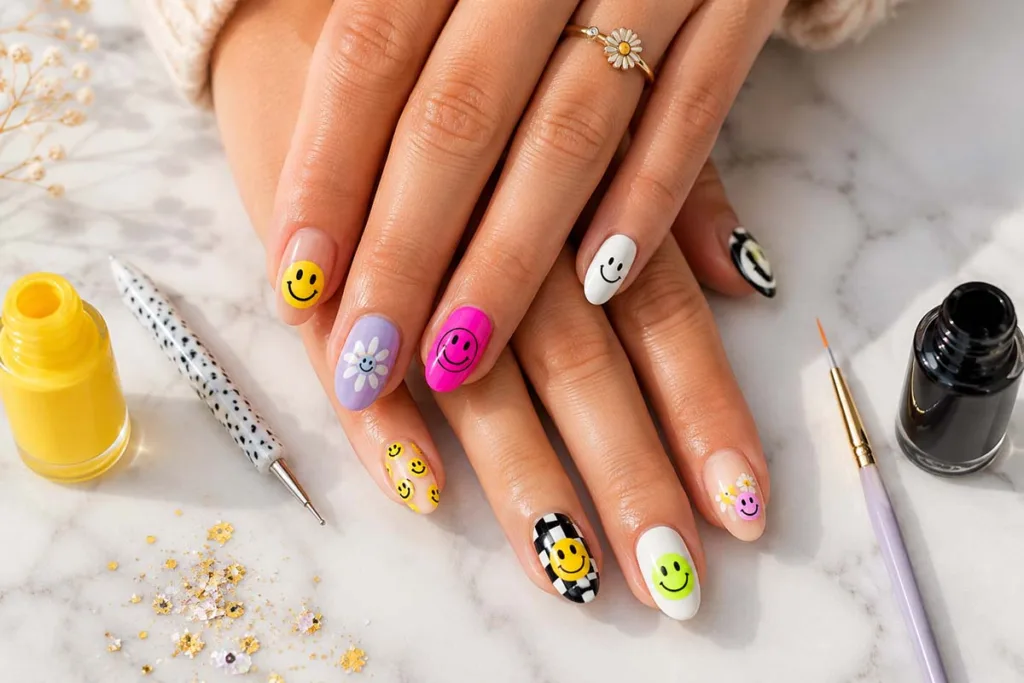 A flat lay of manicured hands on white marble showing 18 easy smiley face nails designs with dotting tools and nail polish bottles nearby
