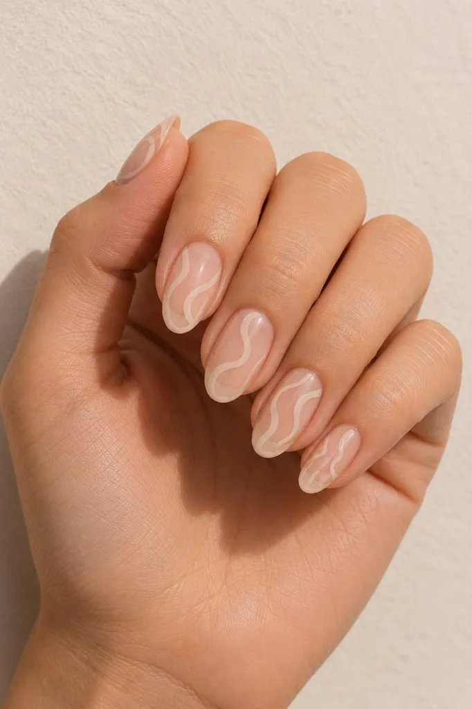 Close-up portrait of a hand with medium oval nails featuring soft organic swirl nail art in warm beige and white on a clear nude base against a textured off-white paper background with soft natural lighting.