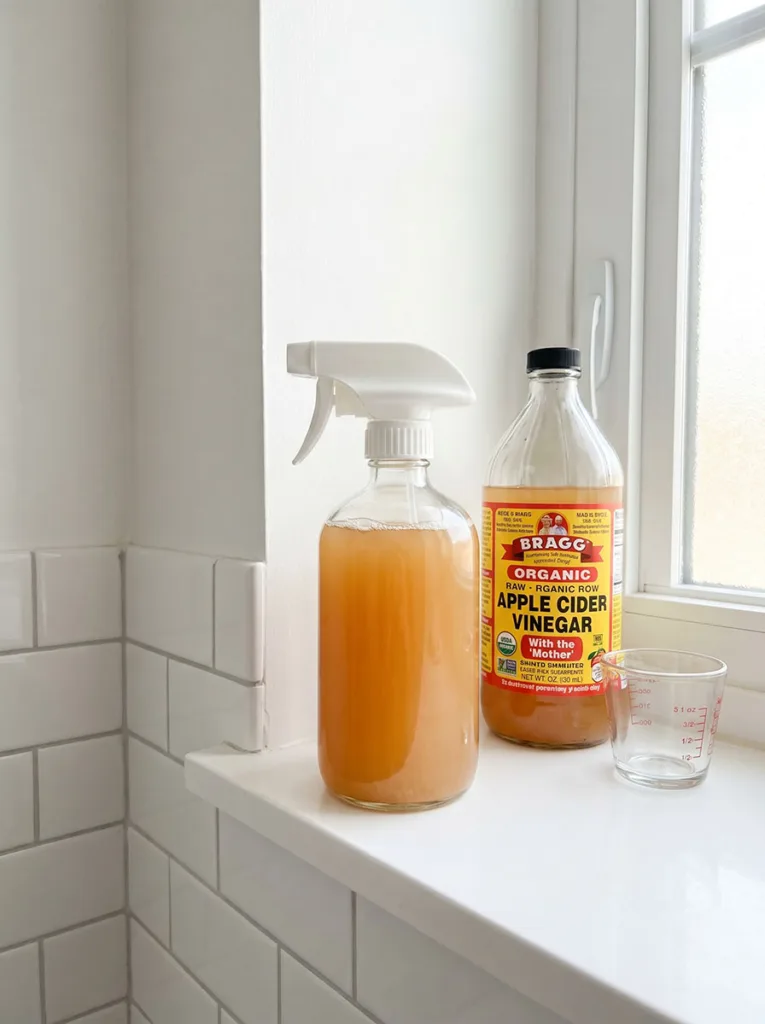 A clear glass spray bottle filled with a diluted apple cider vinegar mixture placed on a clean white bathroom shelf. A bottle of raw apple cider vinegar and a small measuring cup sit beside it. Bright natural bathroom light. Minimal props, clean white background, fresh and simple feel.