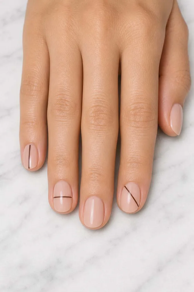 Close-up portrait of a hand with short nude nails featuring different minimalist line placements including vertical and horizontal accents with one bare nail resting on a cool white marble surface under flat studio lighting.