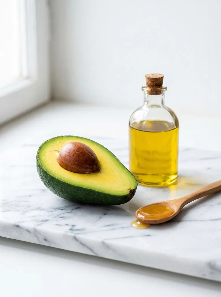 A halved ripe avocado placed on a white marble surface, flesh side up showing the deep green and yellow tones. A small glass bottle of olive oil and a spoonful of honey resting beside it. Soft natural daylight. Clean white background. Simple, fresh, and appetising composition.