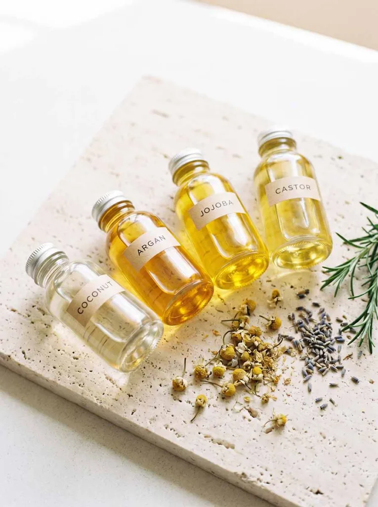 Four small glass bottles of natural oils — coconut, argan, jojoba, and castor — arranged in a gentle arc on a light stone surface. A few dried flowers and a sprig of rosemary placed loosely beside them. Bright soft natural daylight. Clean, minimal, airy feel. Warm golden tones from the oils showing through the glass.
