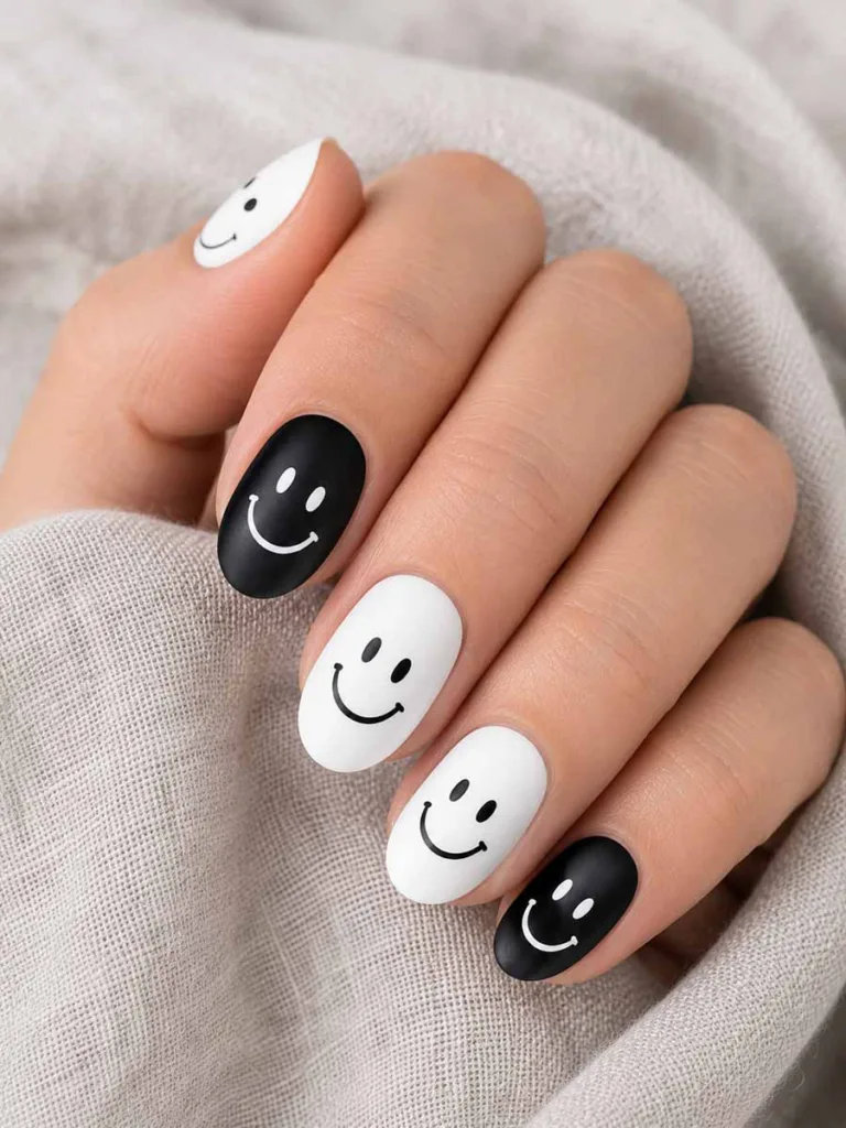 Close-up portrait of black and white smiley face nails on oval-shaped manicure with matte finish resting on soft grey linen fabric under diffused natural lighting.
