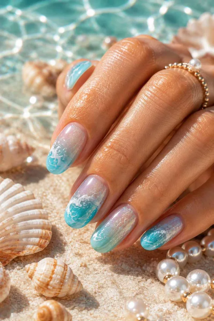Glossy oval nails with aqua blue gradients, white wave details, and pearl shimmer beside seashells and ocean reflections for summer nail design ideas 2026.