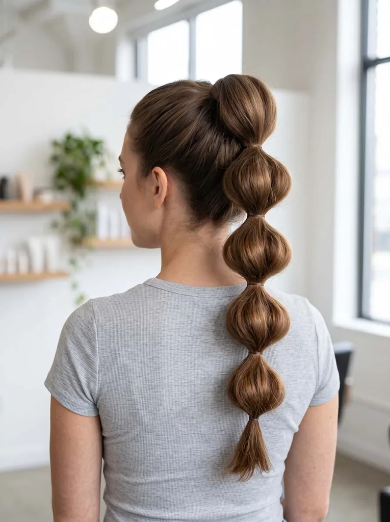 bubble ponytail hairstyle for long hair — easy trending style for thick hair