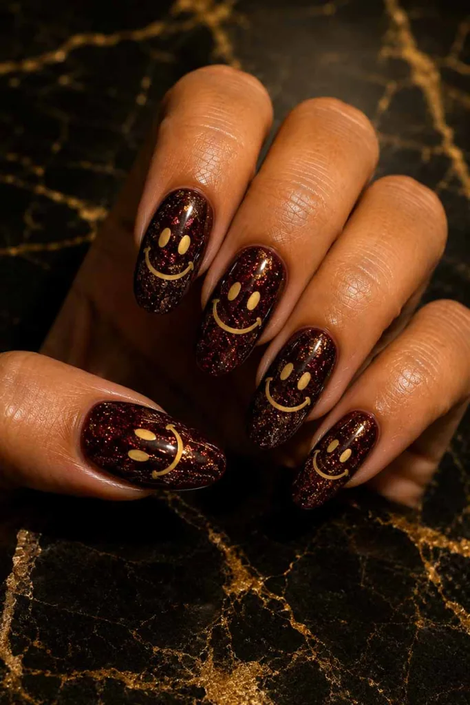 Close-up portrait of burgundy glitter smiley face nails with gold smiley nail art on glossy oval-shaped nails resting on dark marble with gold veining under warm amber lighting.