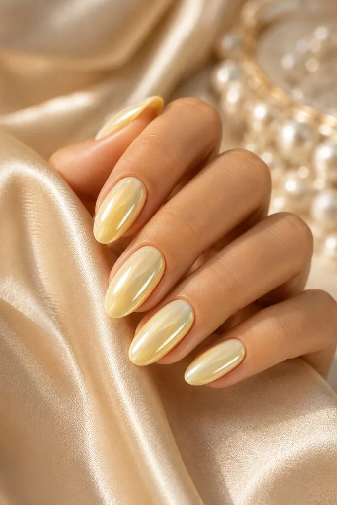 Close-up portrait of creamy butter yellow chrome nails with a pearl glazed reflective finish resting on champagne satin fabric beside soft pearl accessories.