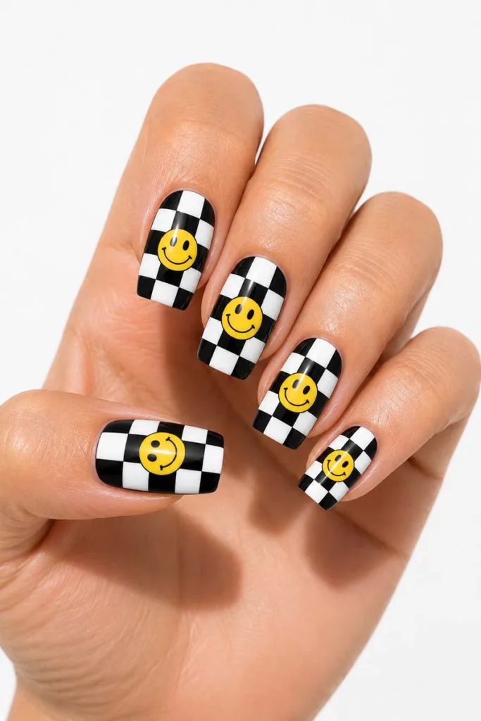 Close-up portrait of black and white checkered smiley face nails with vivid yellow smiley nail art on glossy square-shaped nails against a bright white background.
