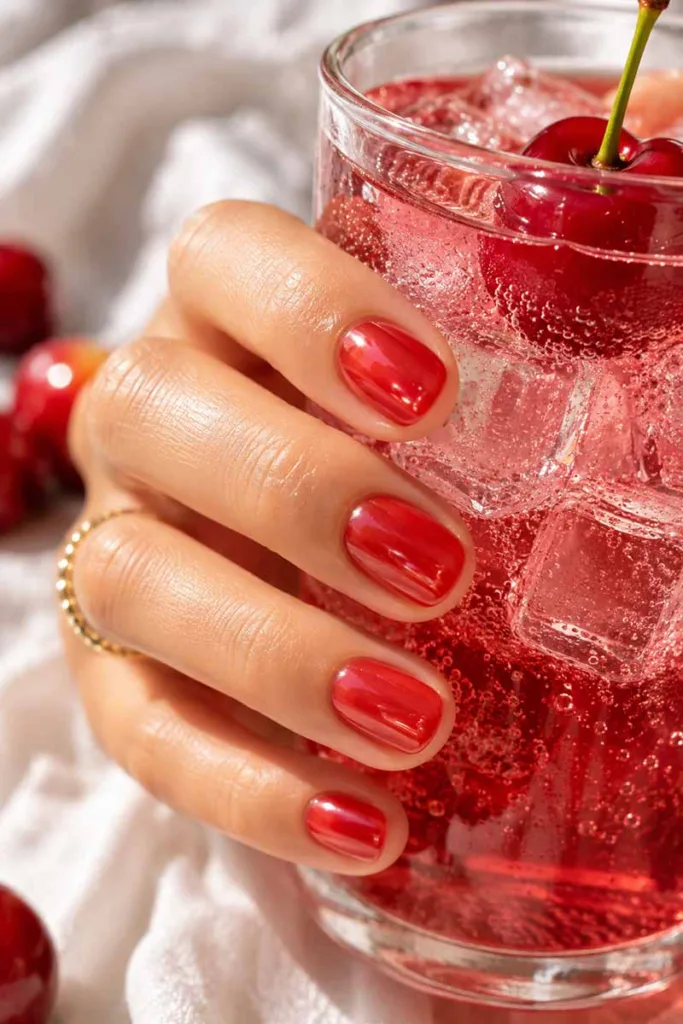Portrait beauty shot of transparent cherry red jelly nails with glossy syrup finish holding sparkling cherry soda for summer nail design ideas 2026.