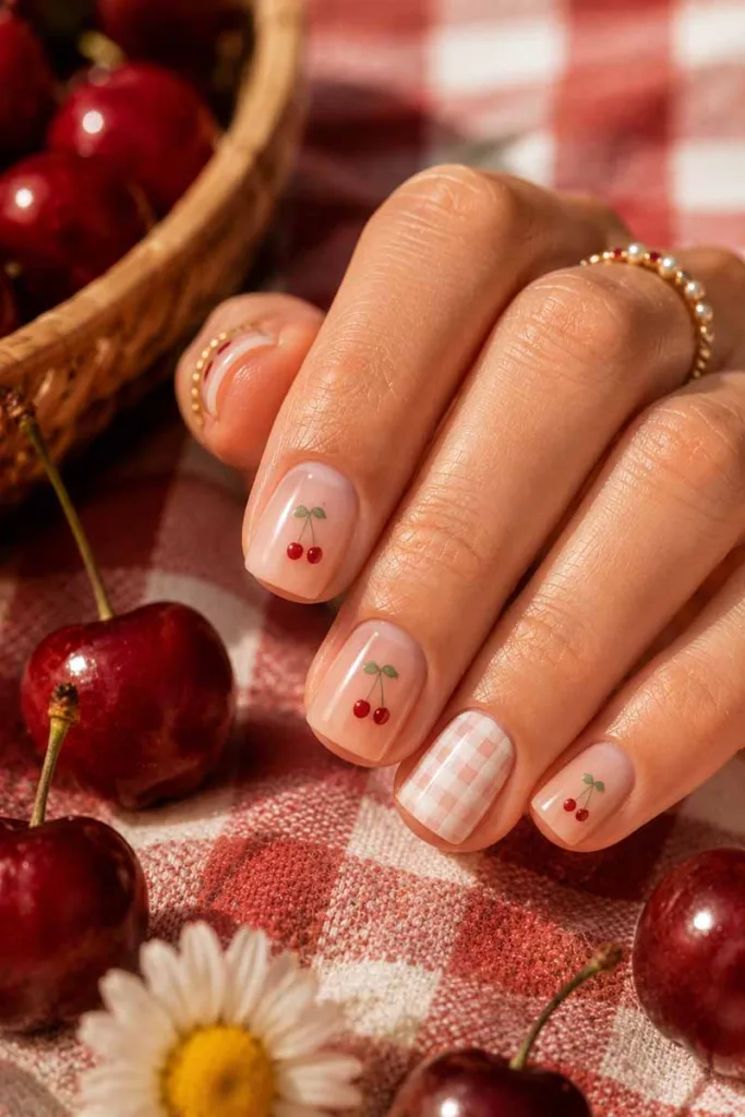 Playful portrait of short square nude nails with tiny cherry nail art and soft gingham accent nail on a picnic blanket for summer nail design ideas 2026.