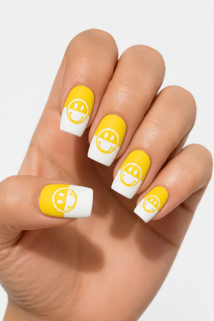 Close-up portrait of square-shaped color block smiley face nails with bright yellow and white geometric nail art in a matte finish against a clean white background.