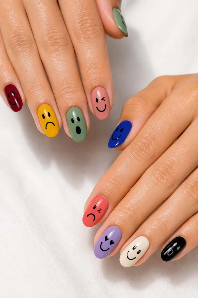 Close-up portrait of colorful smiley face expression nails with different hand-drawn facial expressions on glossy multicolor nails against a soft white background.
