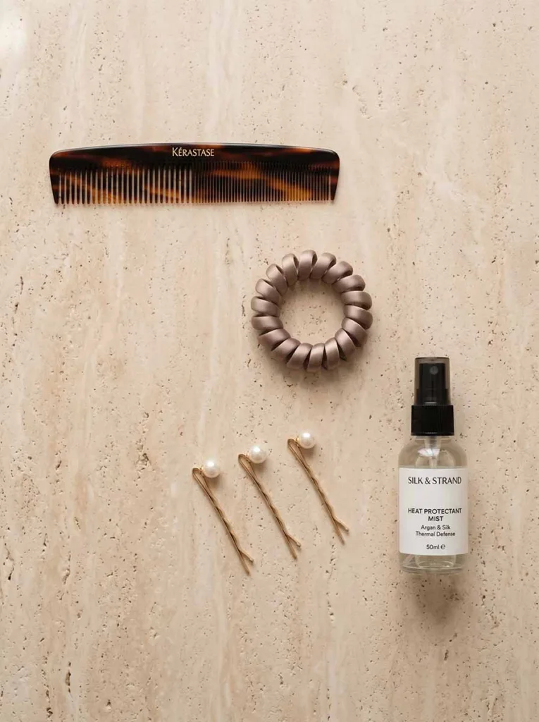 right hair tools for long hair styling — heat protectant comb satin tie and bobby pins