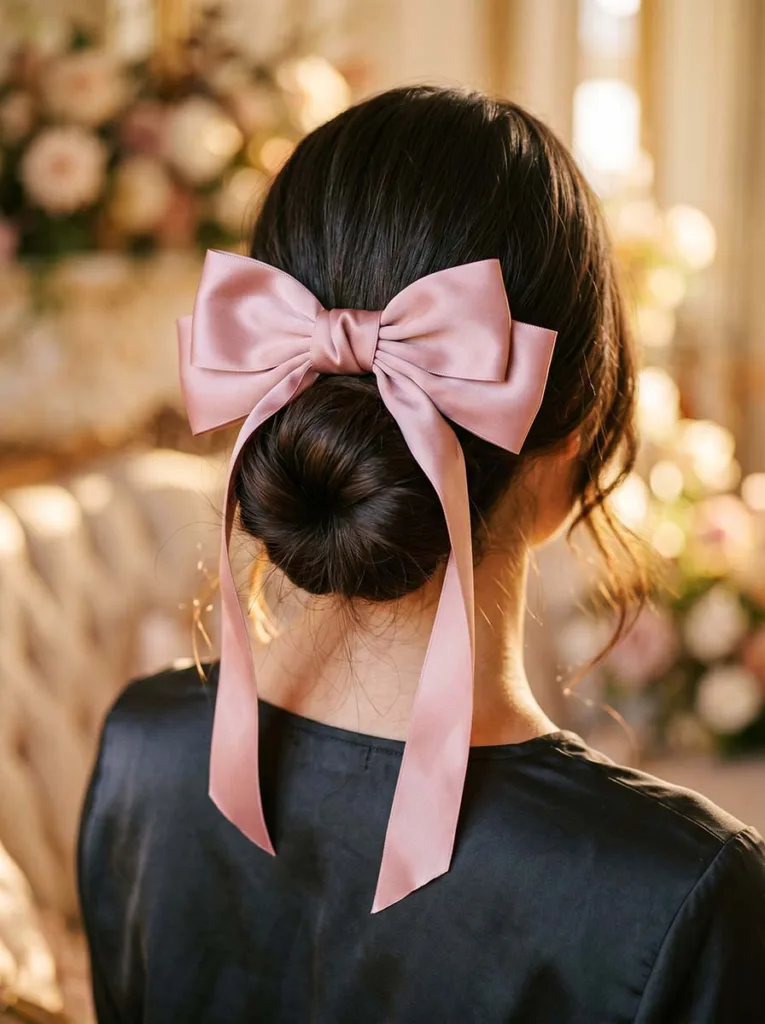 coquette bow braid hairstyle for long hair — trending satin ribbon bun 2026