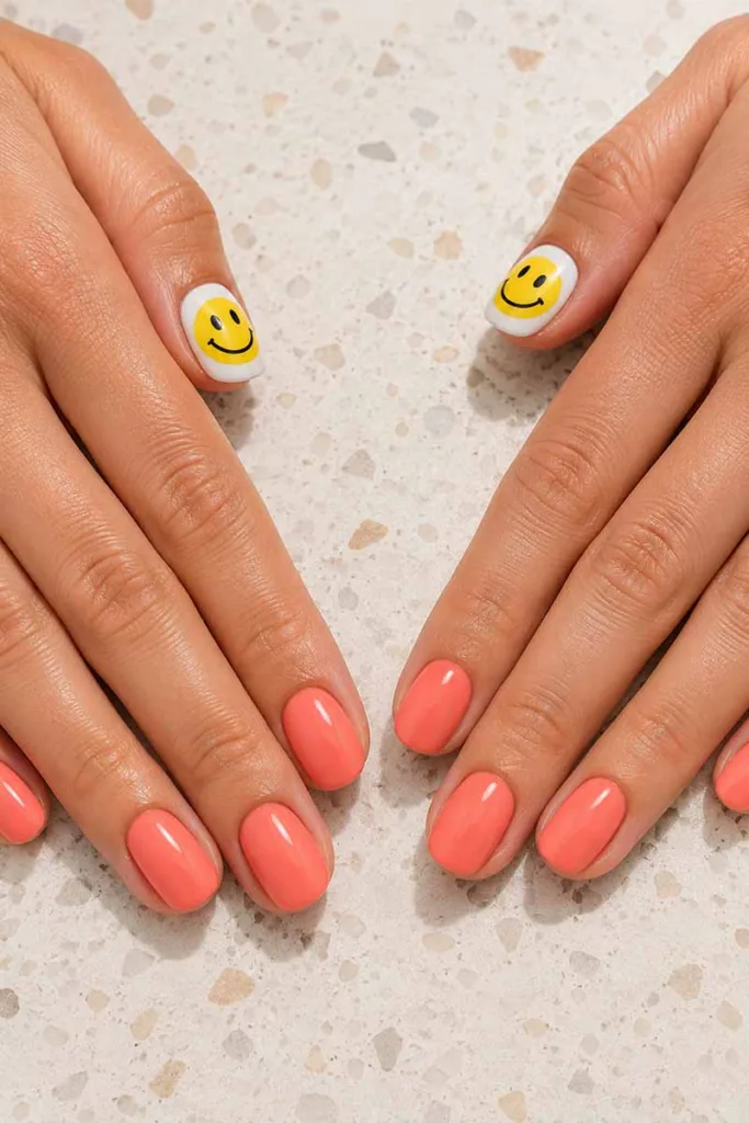 Close-up portrait of coral pink nails with bold yellow smiley face thumb nail art on a glossy manicure resting on a white terrazzo surface under warm soft lighting.