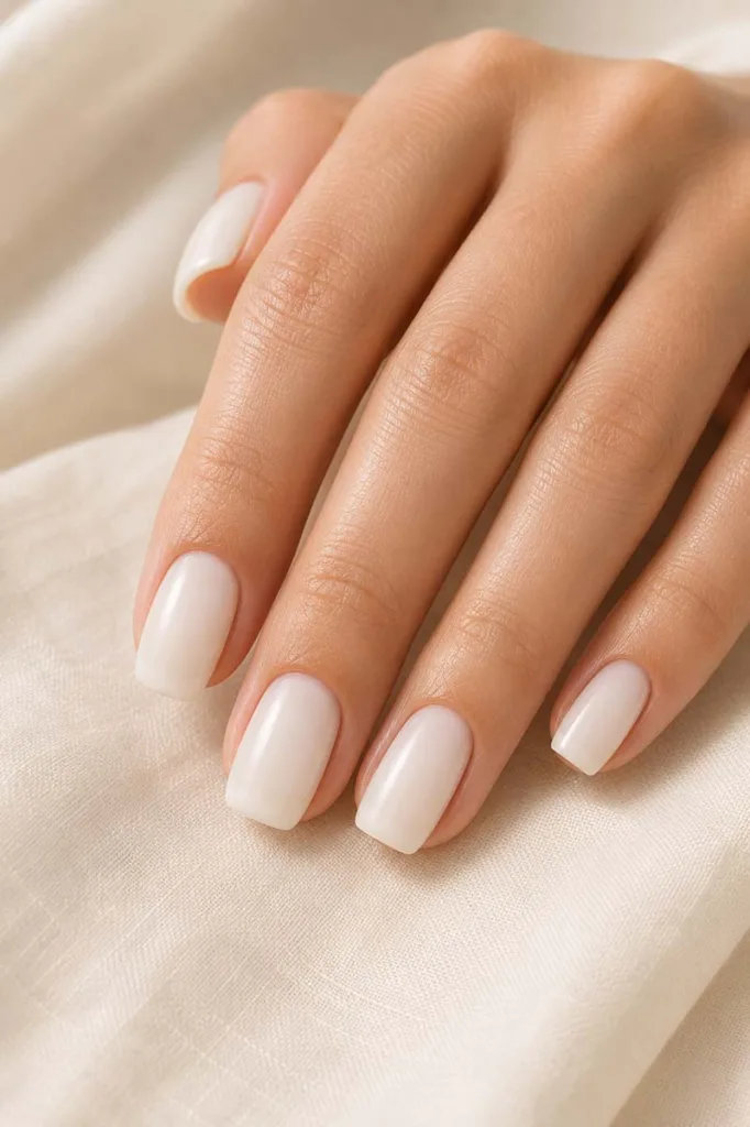 Close-up portrait of a hand with squoval nails in a warm creamy milky white finish resting on soft ivory fabric under gentle natural window light with a smooth diffused glow.