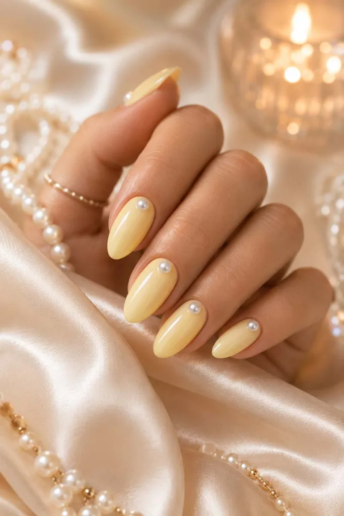 Luxurious close-up portrait of creamy pastel yellow almond nails with tiny pearl embellishments resting on champagne satin fabric beside pearl jewelry and candlelight reflections.