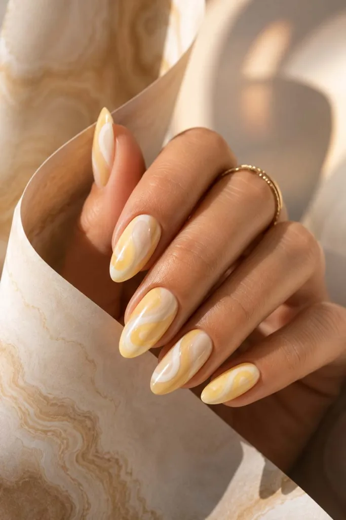 Close-up portrait of almond nails with creamy yellow and ivory abstract swirl nail art resting against marble-textured paper in warm editorial lighting.