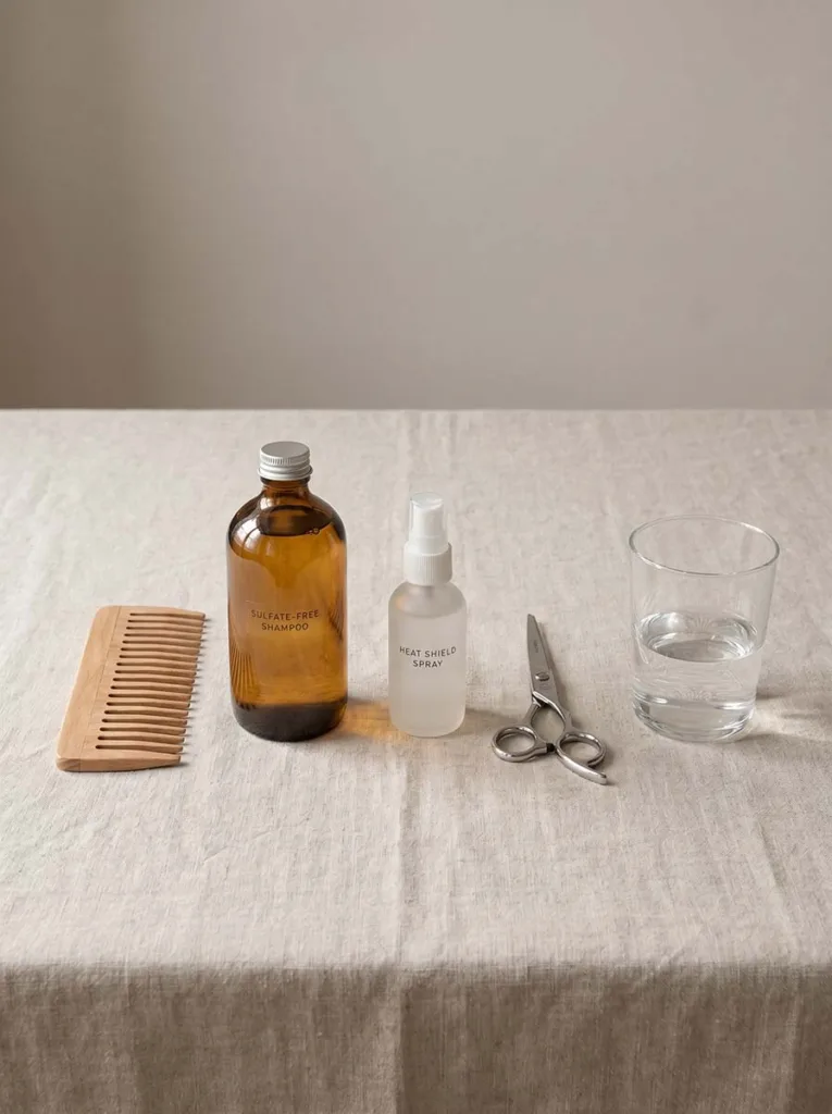 A freshly cut aloe vera leaf placed flat on a light linen cloth, gel side open and glistening. A small open jar of white coconut oil sits beside it along with a tiny dark glass bottle of rosemary essential oil. Natural daylight from a nearby window. Soft neutral tones, organic and clean feel.