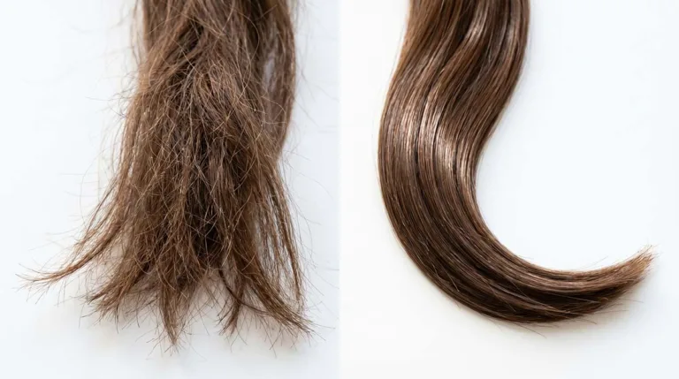 A close-up side-by-side shot of two sections of hair. Left side shows dry, frizzy, brittle hair with visible split ends. Right side shows the same hair looking smooth, shiny, and healthy. Soft natural daylight from a window. Clean white background. No props.