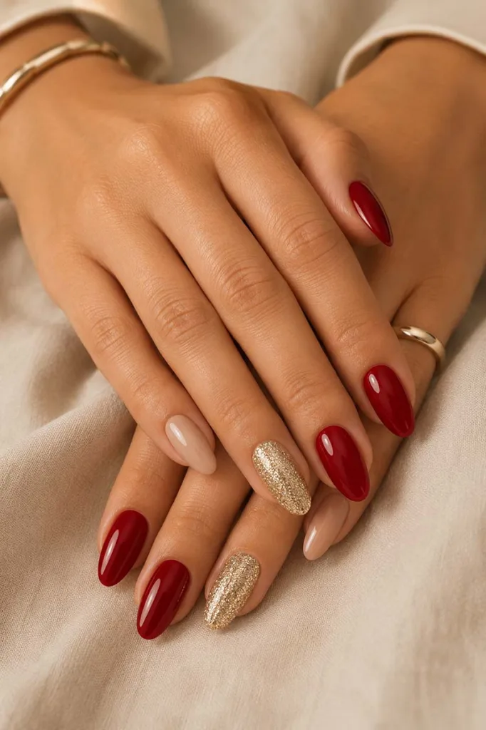 Close-up portrait of overlapping hands with glossy almond-shaped nails featuring vivid red, warm nude, and gold glitter accents resting on soft ivory linen under warm studio lighting.