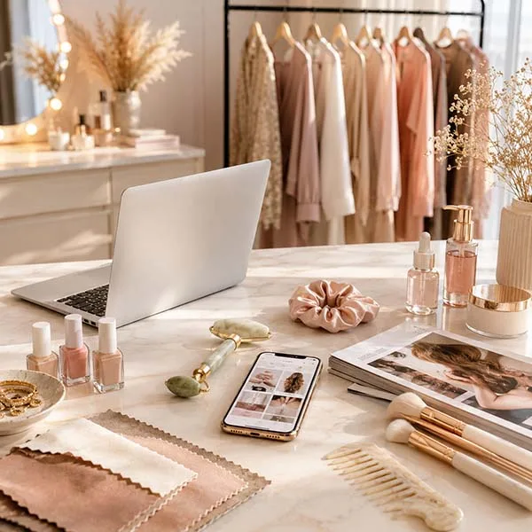 Modern beauty and fashion workspace with skincare products, nail polish, hairstyle tools, and a laptop arranged on a marble desk for a fashion blog contact us page.