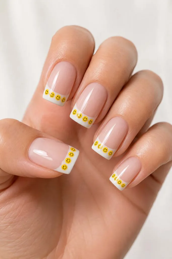 Close-up macro shot of square-shaped French tip smiley face nails with tiny yellow smiley designs on glossy white tips against a soft white background.
