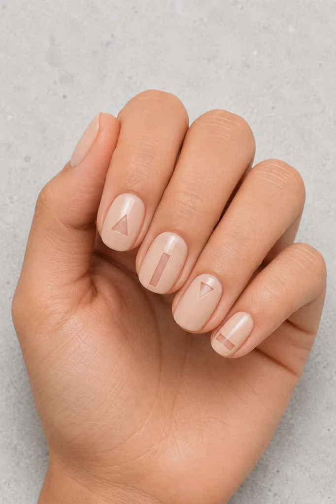 Close-up portrait of a hand with nude nails featuring sharp geometric triangle and rectangle cutouts revealing bare nail underneath against a light grey stone surface with flat editorial lighting.