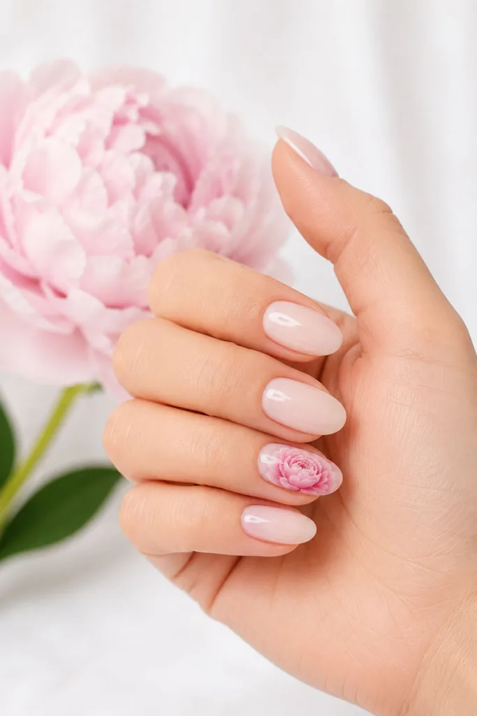 Oval glass-milk gel nails with a hand-painted pink peony on the accent nail in layered blush rose and white petals