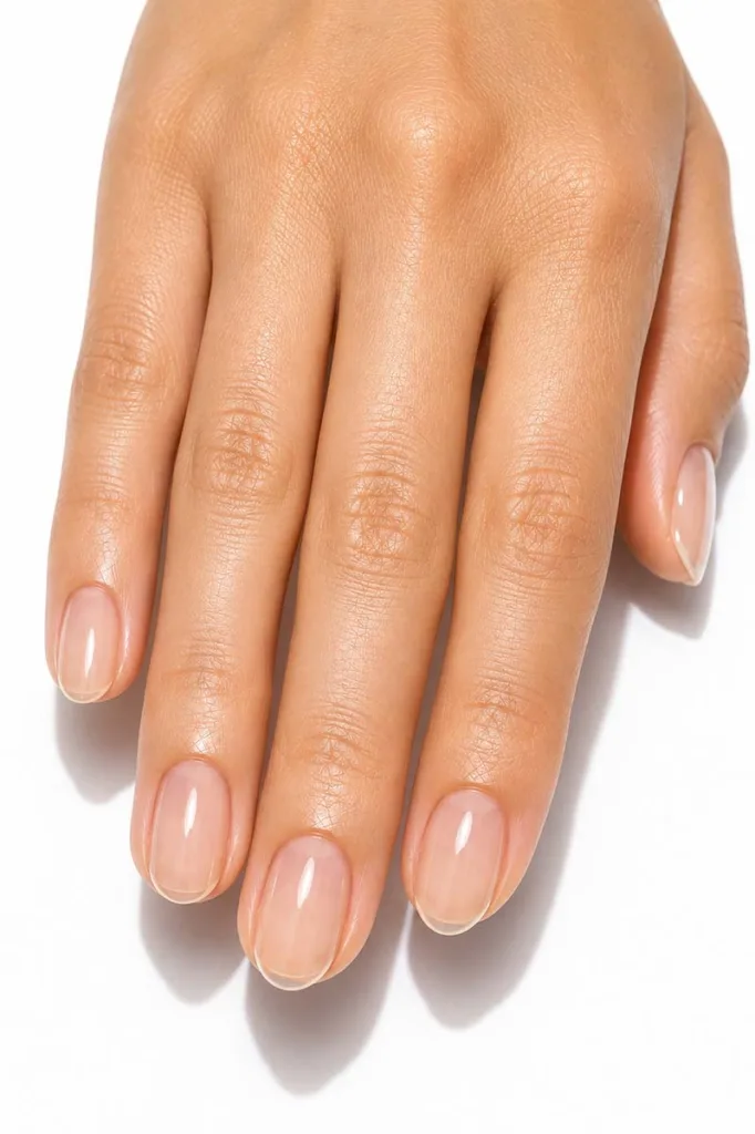 Close-up portrait of a hand with medium oval nails coated in a transparent high-gloss gel finish creating a wet glass-like effect against a bright white background under sharp studio lighting.
