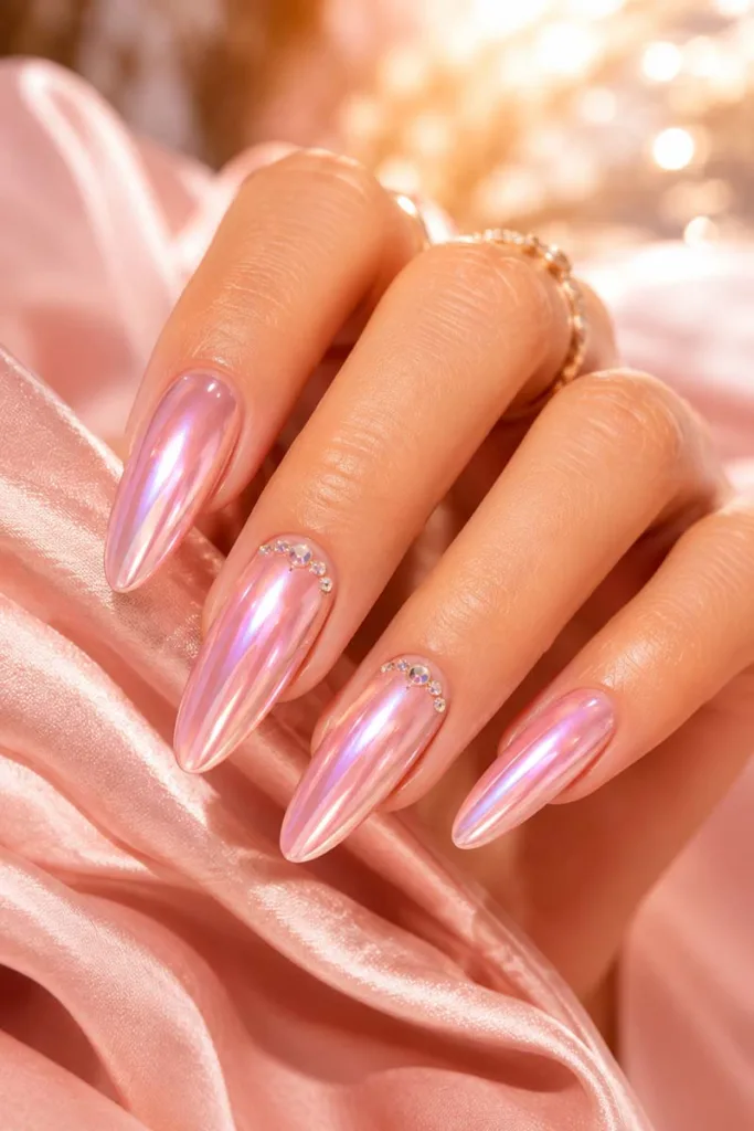 Close-up beauty shot of glossy soft pink chrome almond nails with pearl shimmer and crystal accents for summer nail design ideas 2026.