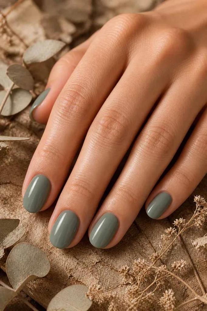 Close-up portrait of a hand with short oval nails painted in earthy sage green polish with cool grey undertones resting among dried neutral-toned leaves under soft warm natural light.