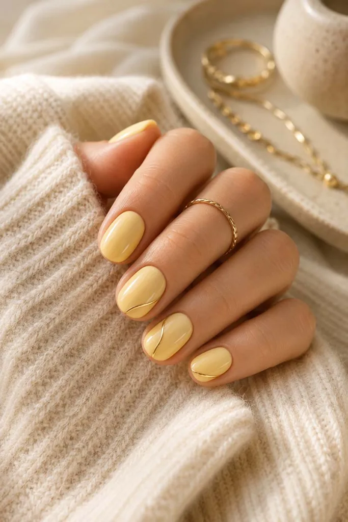 Close-up portrait of short rounded soft yellow nails with delicate gold metallic accent lines resting on a cream cashmere sweater beside minimalist gold jewelry.