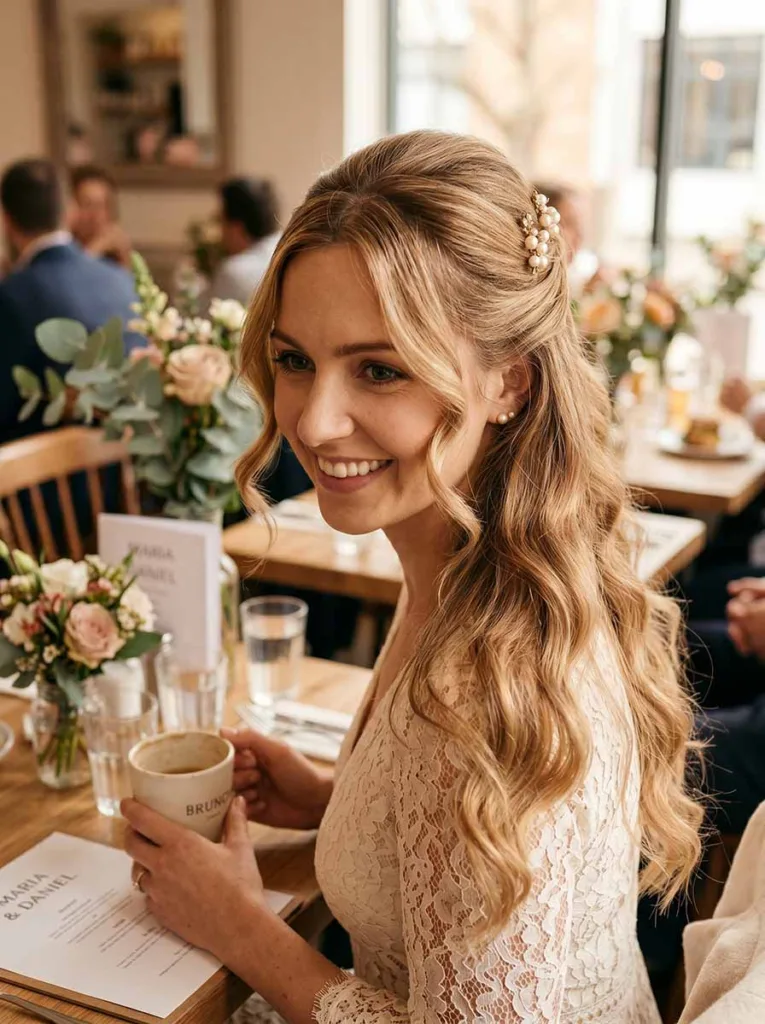 half-up half-down hairstyle for long hair with pearl pin detail — date night easy style