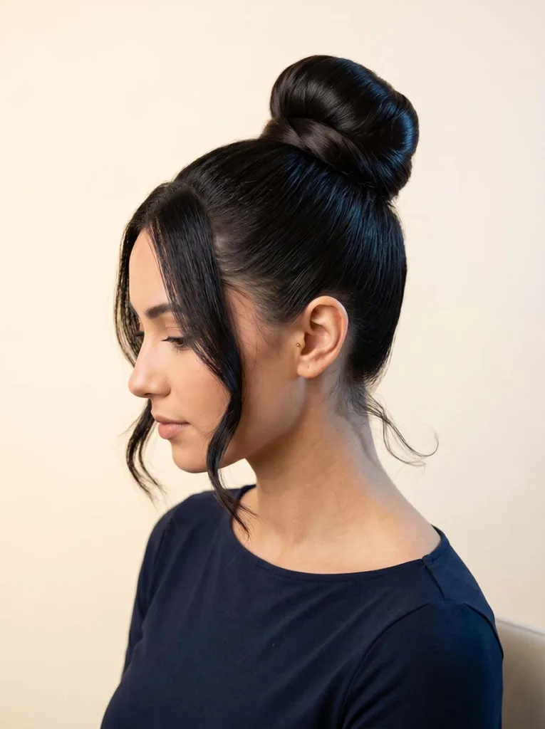 high ballerina bun hairstyle for long hair — elegant easy updo for formal and everyday