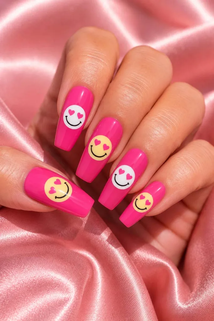 Close-up portrait of hot pink coffin-shaped nails with heart eyes smiley face nail art on glossy polish resting on pink satin fabric under warm pink-toned lighting.