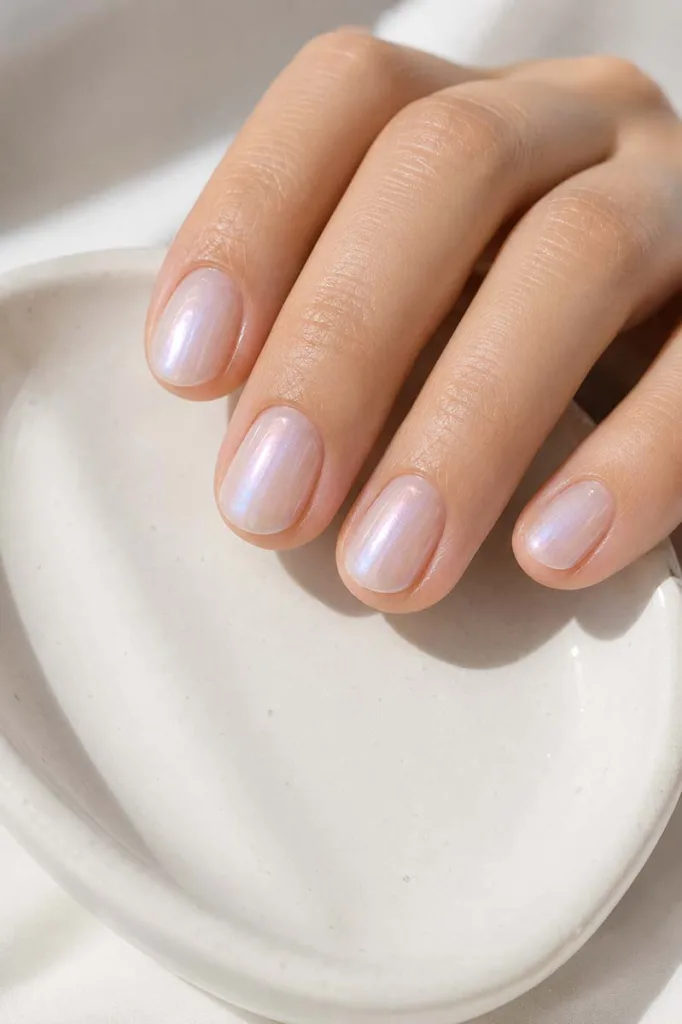 Close-up portrait of a hand with short oval nails featuring a translucent iridescent shimmer shifting between sheer white and pale pearl tones resting on a smooth white ceramic dish in soft natural window light.