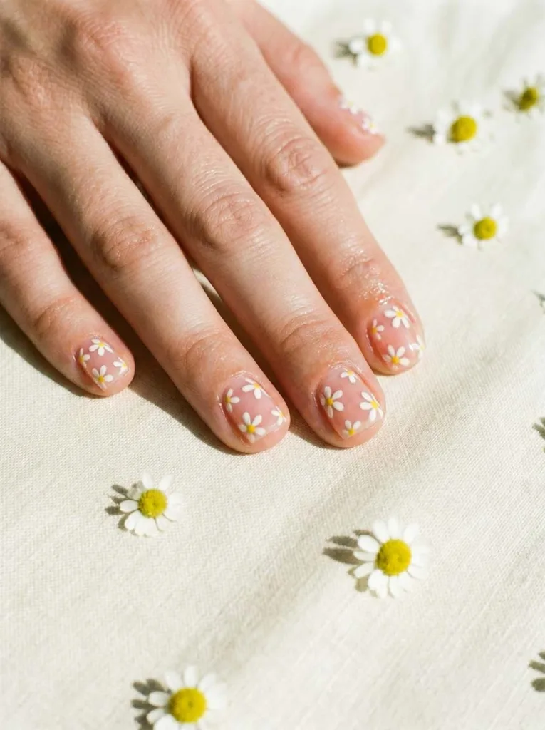 Short square jelly pink nails with white daisy clusters and yellow dot centers on a sheer translucent gel base