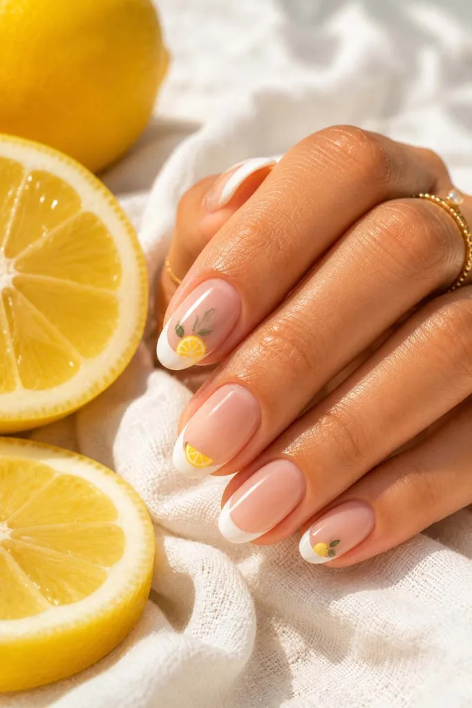 Fresh portrait of nude almond nails with white French tips and tiny lemon nail art beside sliced citrus and white linen for summer nail design ideas 2026.