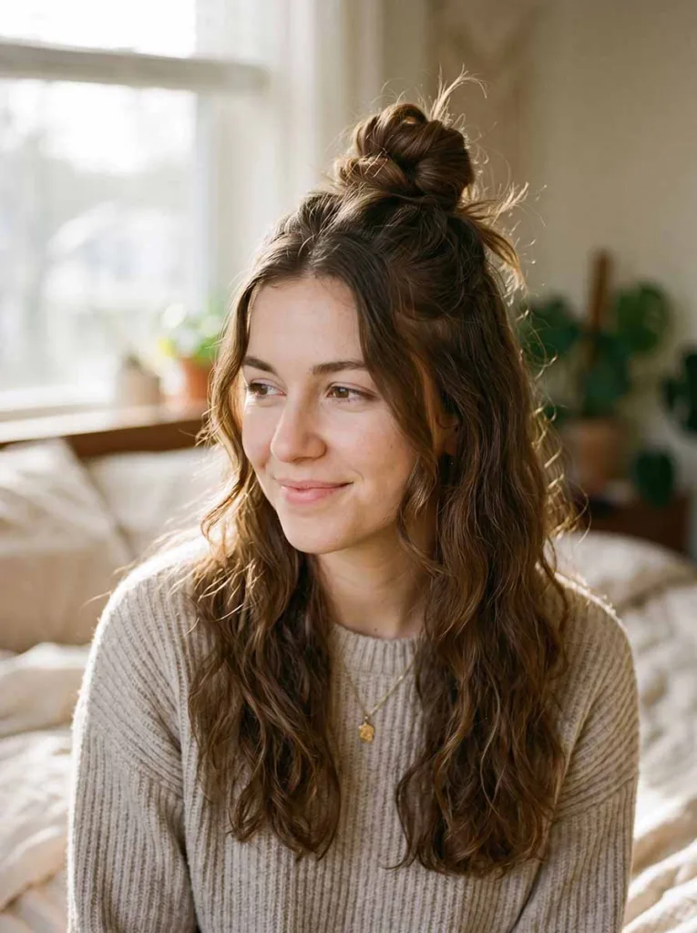 messy half-up bun for long hair — 3-minute easy casual hairstyle tutorial