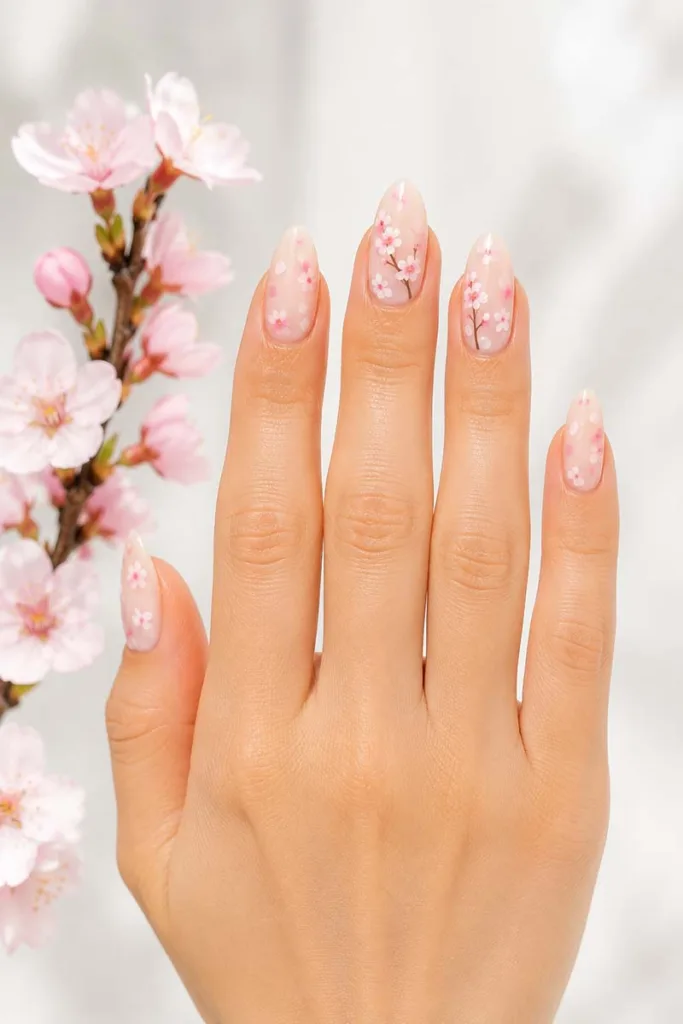 Close-up of almond-shaped milky gel pink floral nails with hand-painted sakura cherry blossom petals on a creamy base