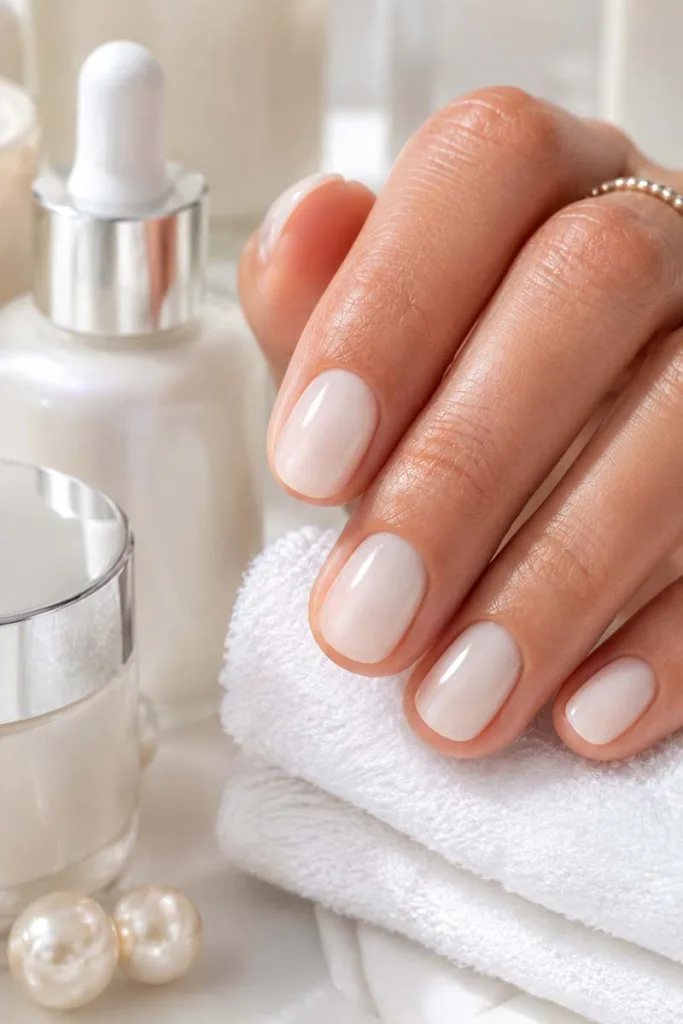 Clean portrait beauty shot of short oval nails with sheer creamy white glossy polish beside skincare bottles and white towels for summer nail design ideas 2026.