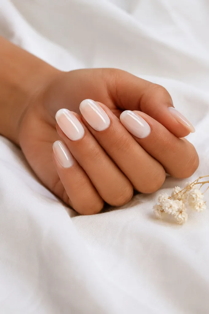 Close-up portrait of a warm-toned hand with medium-length milky white glossy nails resting on soft white linen beside a small dried white flower in natural daylight.