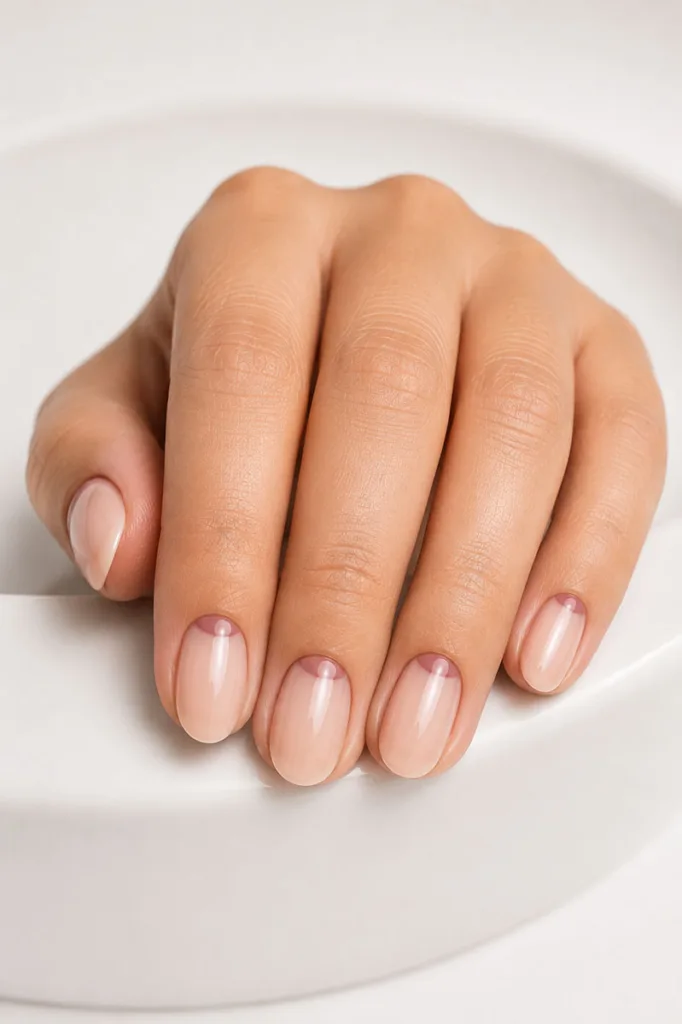 Close-up portrait of a hand with oval nails featuring soft colored arcs near the cuticle on sheer nude polish resting on a smooth white ceramic surface under soft overhead lighting.