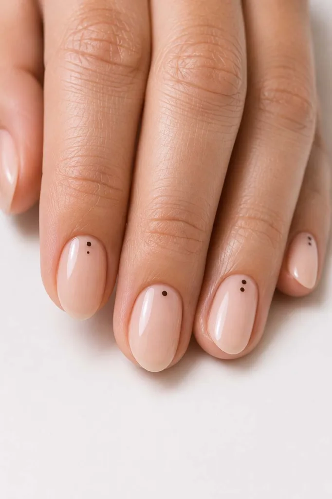 Macro close-up of a hand with short almond nails in glossy nude polish featuring tiny precise dot nail art near the cuticle on a clean white background with sharp focus and minimalist styling.