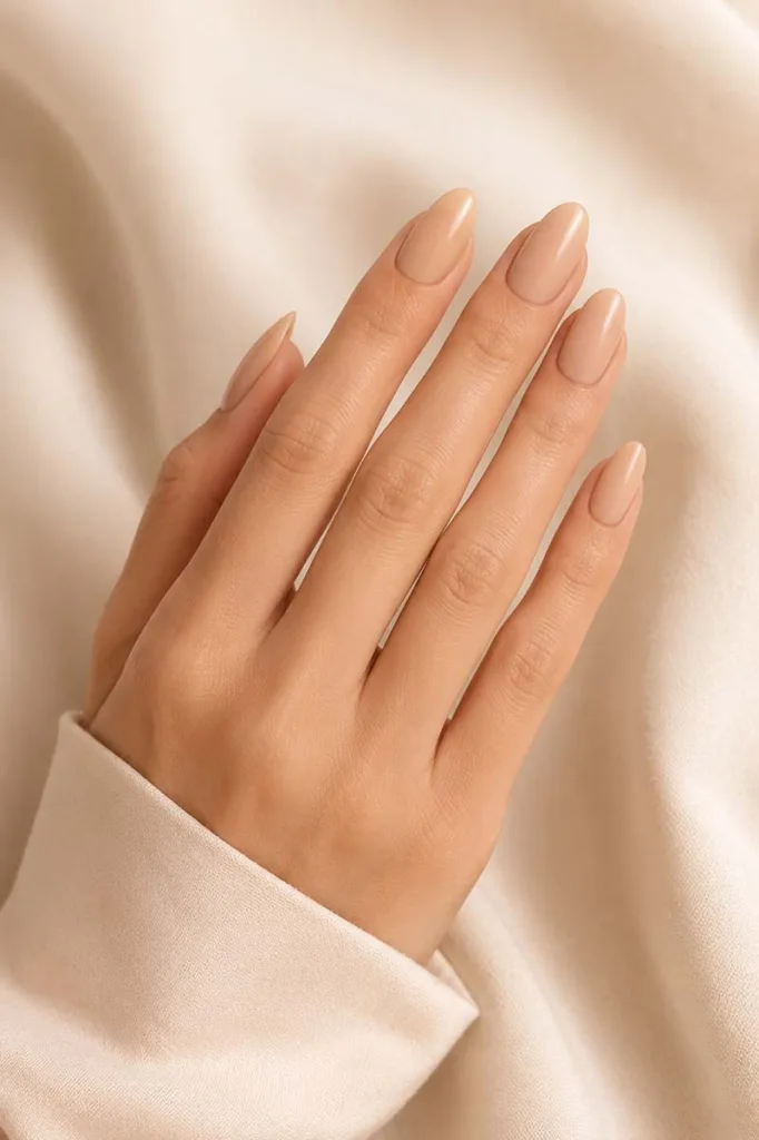Close-up portrait of a slender hand with almond-shaped nude nails resting on warm ivory fabric, featuring soft natural lighting and a seamless skin-tone manicure for a clean minimalist look.