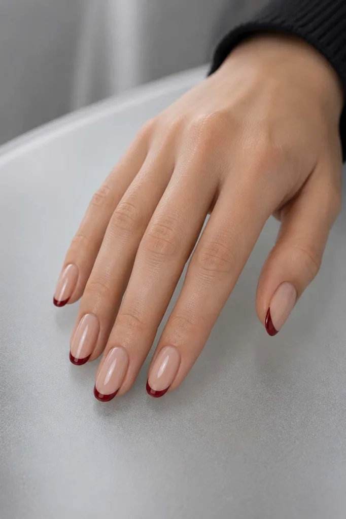 Close-up portrait of medium oval nails with a sheer nude base and precise deep crimson French tips resting on a frosted glass surface under cool diffused lighting.