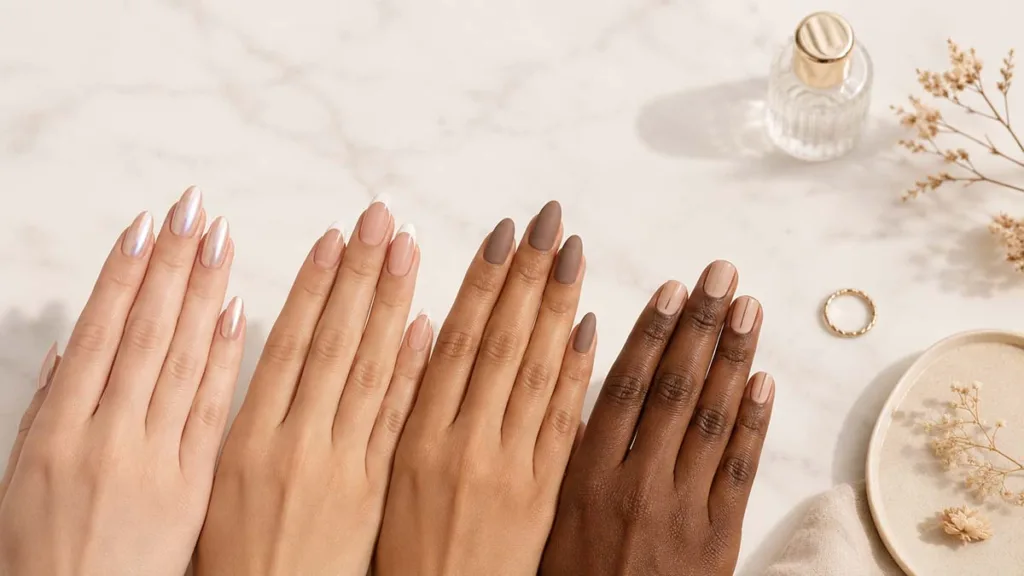 Four hands with different skin tones displaying minimalist nails including glazed donut, micro French tip, warm taupe matte, and thin line nail art designs on white marble surface