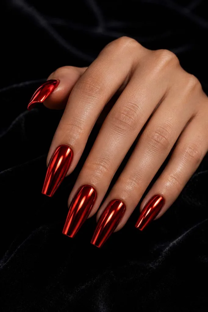 Close-up portrait of medium-length coffin nails coated in reflective chrome red polish against a soft black velvet background with dramatic studio lighting and glossy metallic reflections.